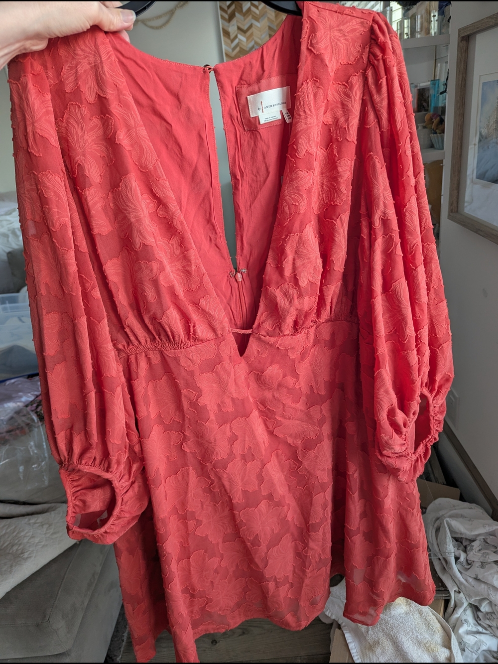 NWT🔖24W Anthropologie Coral Floral-Jacquard V-Neck Long Sleeve Dress